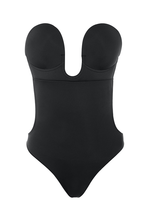 Plunge Self Adhesive Backless Bodysuit - Black-7