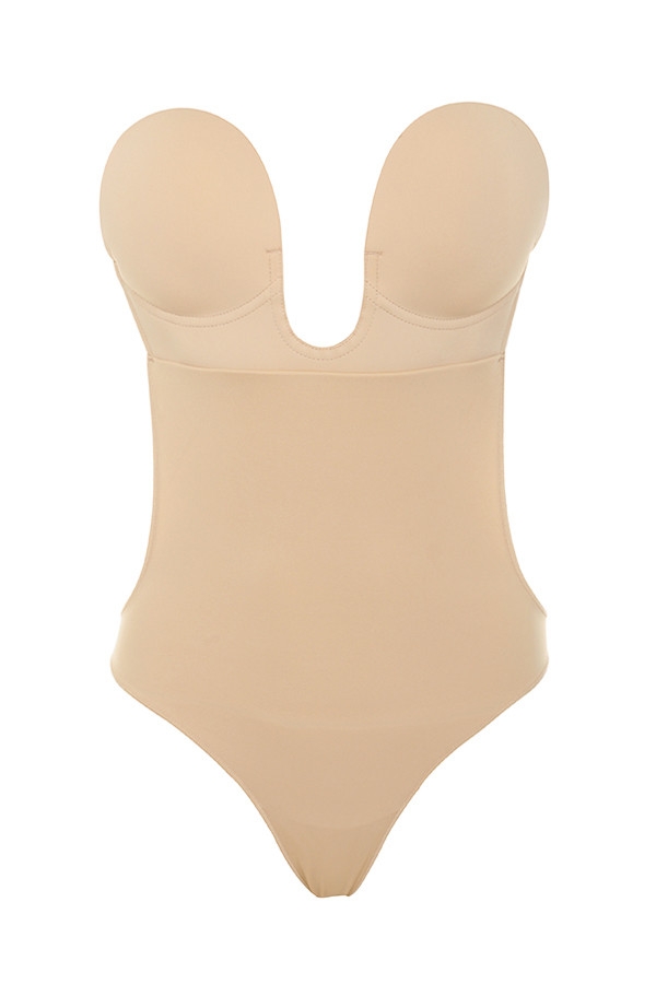 Beige Plunge Self Adhesive Backless Bodysuit-5
