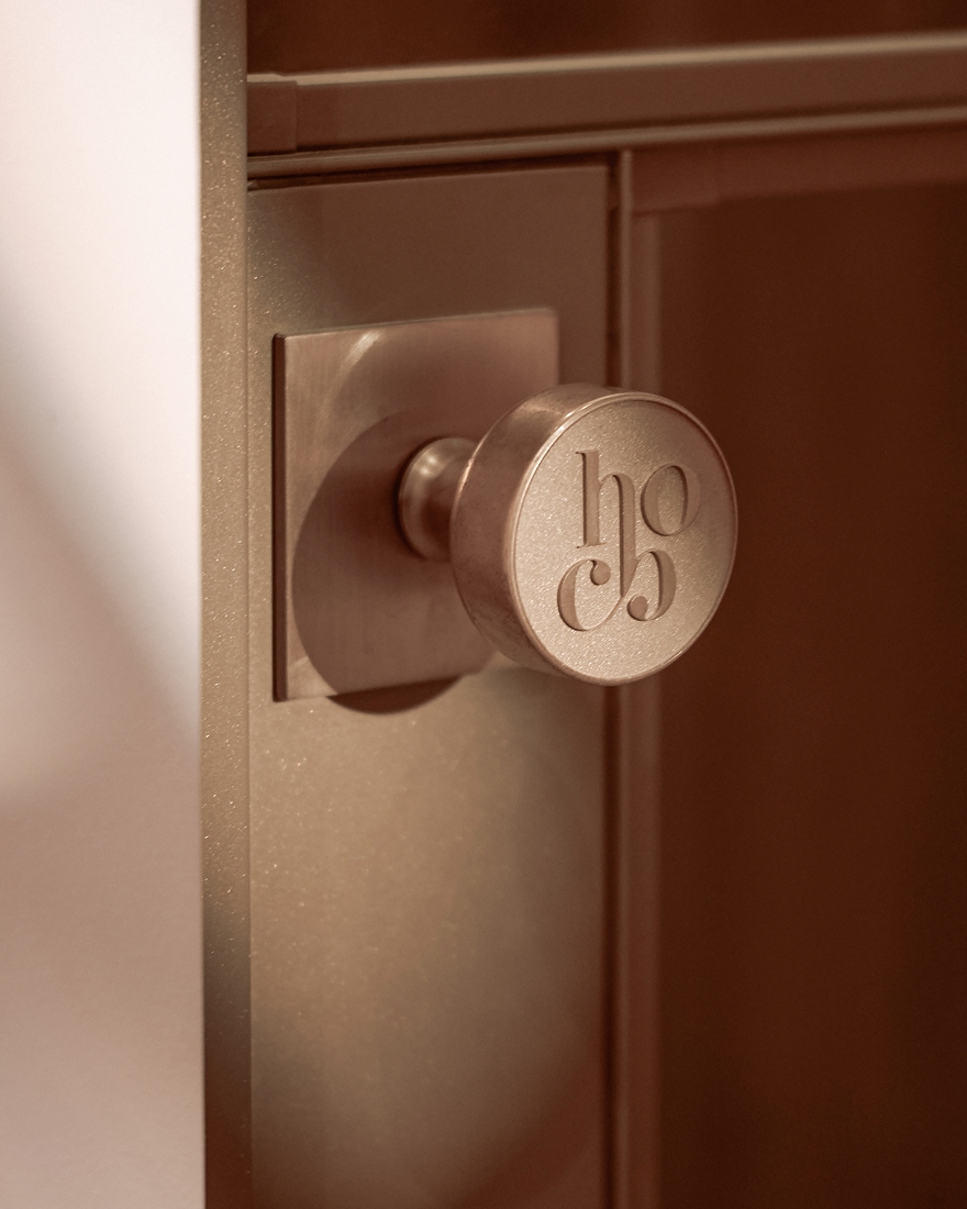 Close-up of a brushed metal door handle mounted on a wooden panel