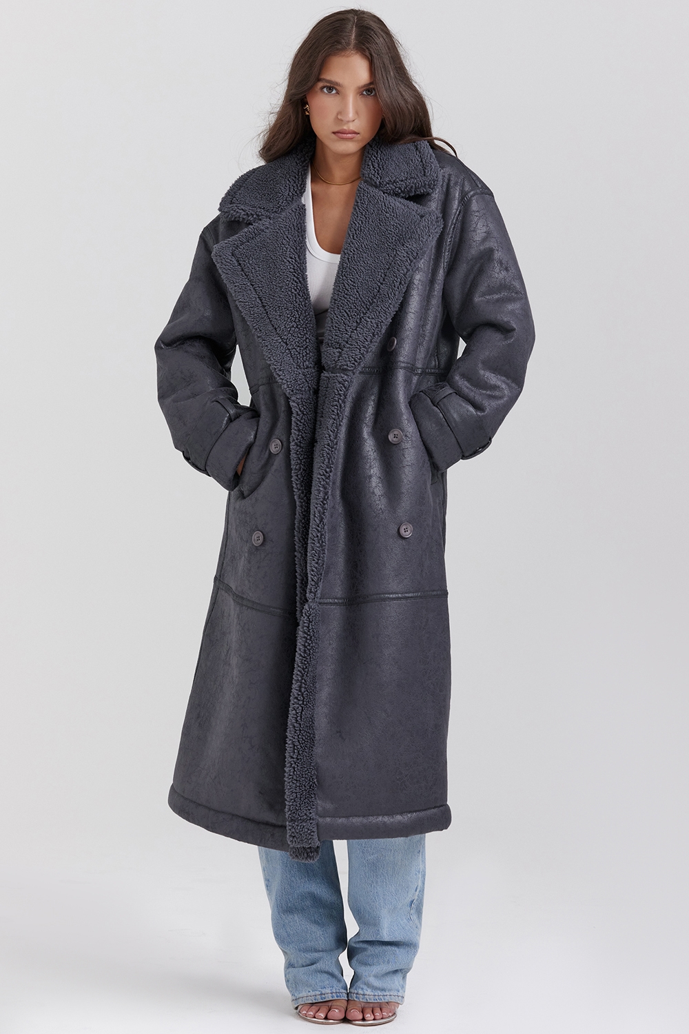 Deiji Grey Vegan Shearling Coat - SALE
