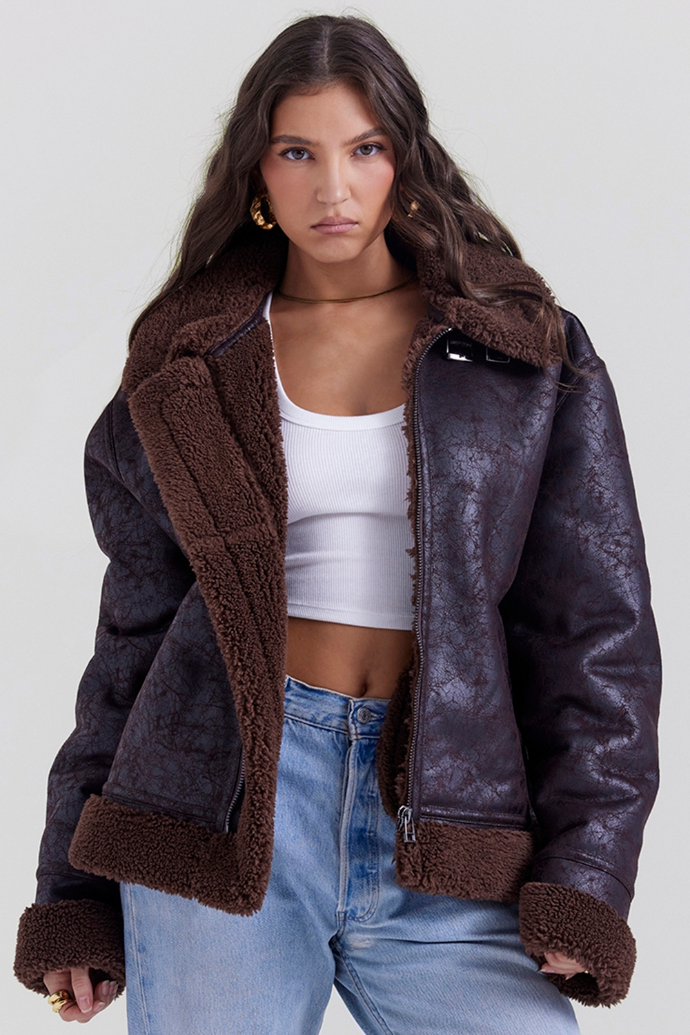 Madden Brown Vegan Shearling Aviator Jacket - SALE