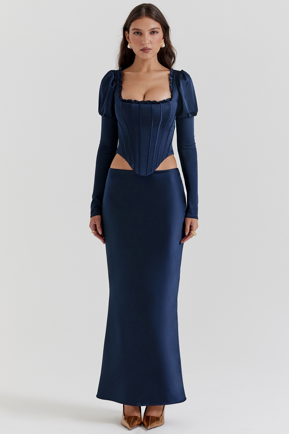 Charlene Navy Satin Bias Cut Maxi Skirt - SALE