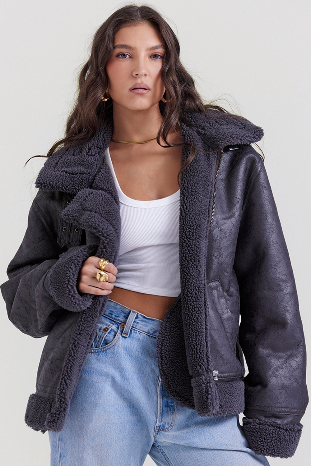 Madden Grey Vegan Shearling Aviator Jacket - SALE