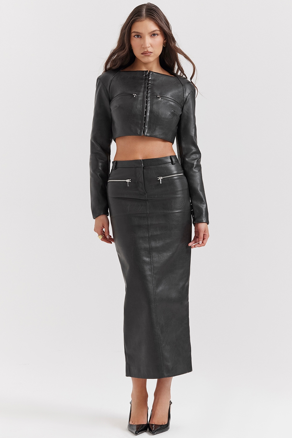Tana Black Vegan Leather Maxi Skirt - SALE