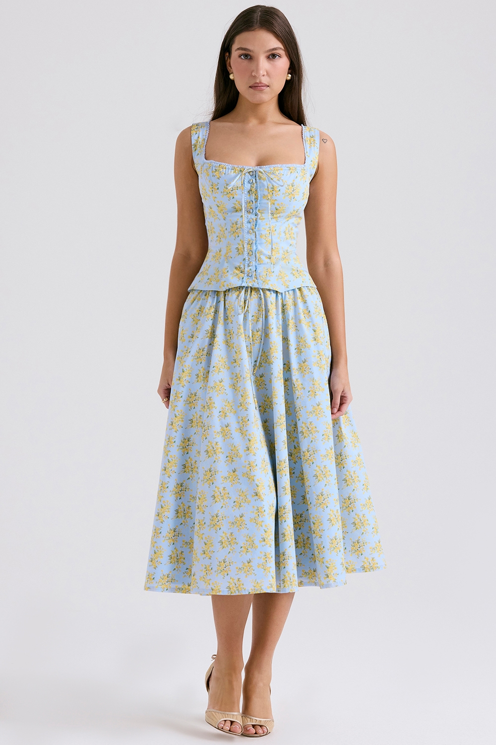 Cora Soft Blue Vintage Floral Print Cotton Midi Skirt - SALE