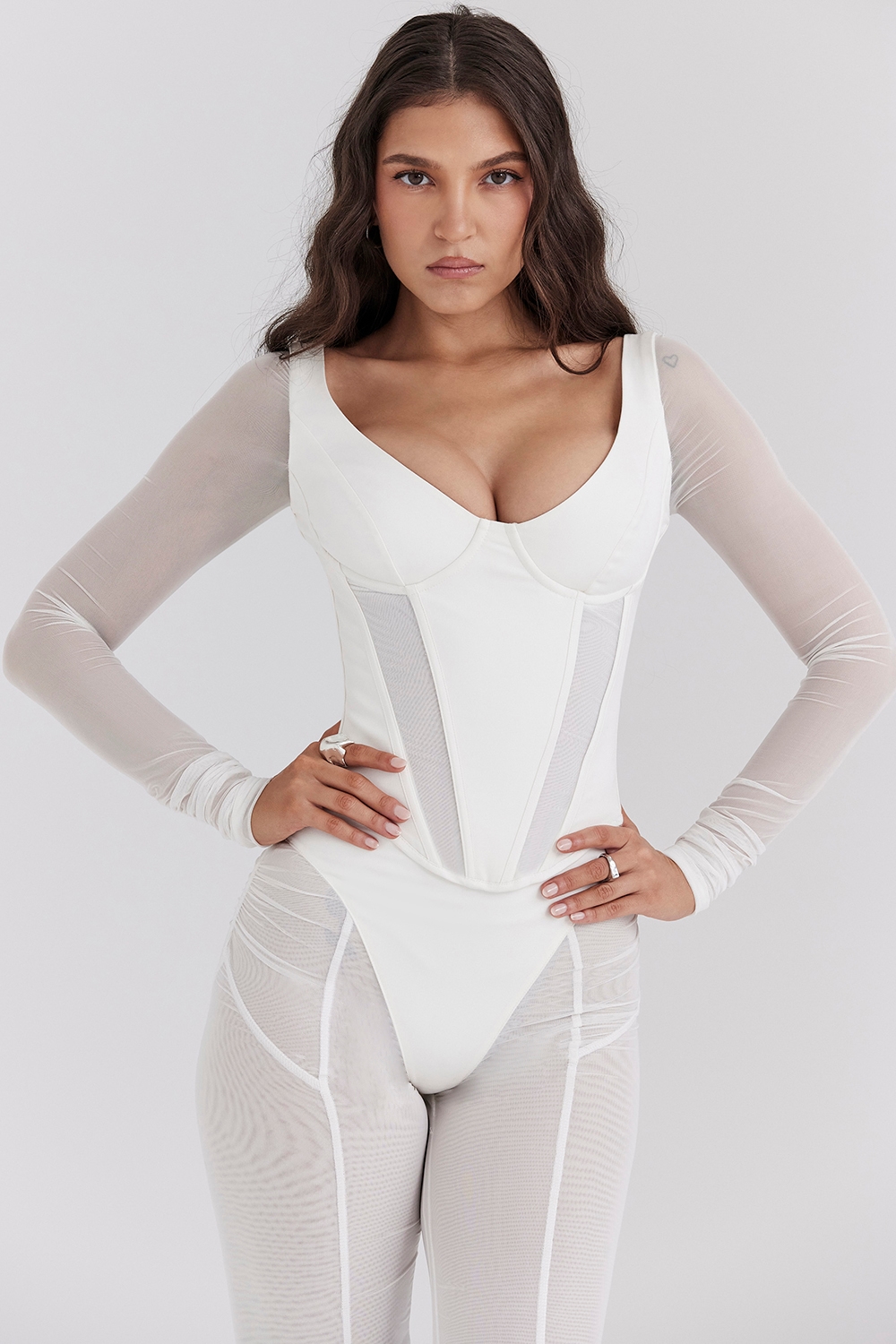 Araminta White Long Sleeve Mesh Corset - SALE