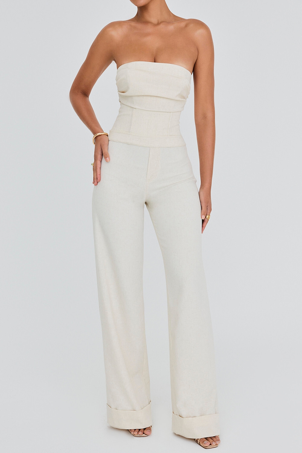 Mistress Rocks Beige Strapless Wide Leg Jumpsuit