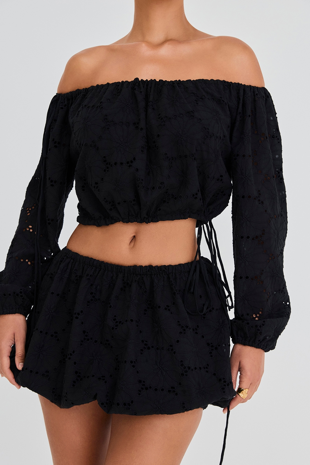Mistress Rocks Black Broderie Cotton Off Shoulder Top