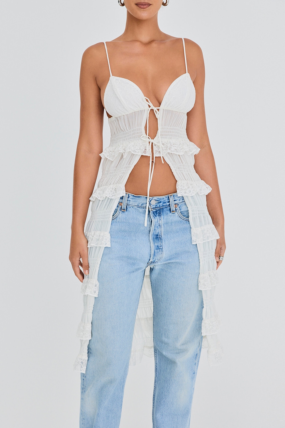 Mistress Rocks White Lace Frilled Longline Top