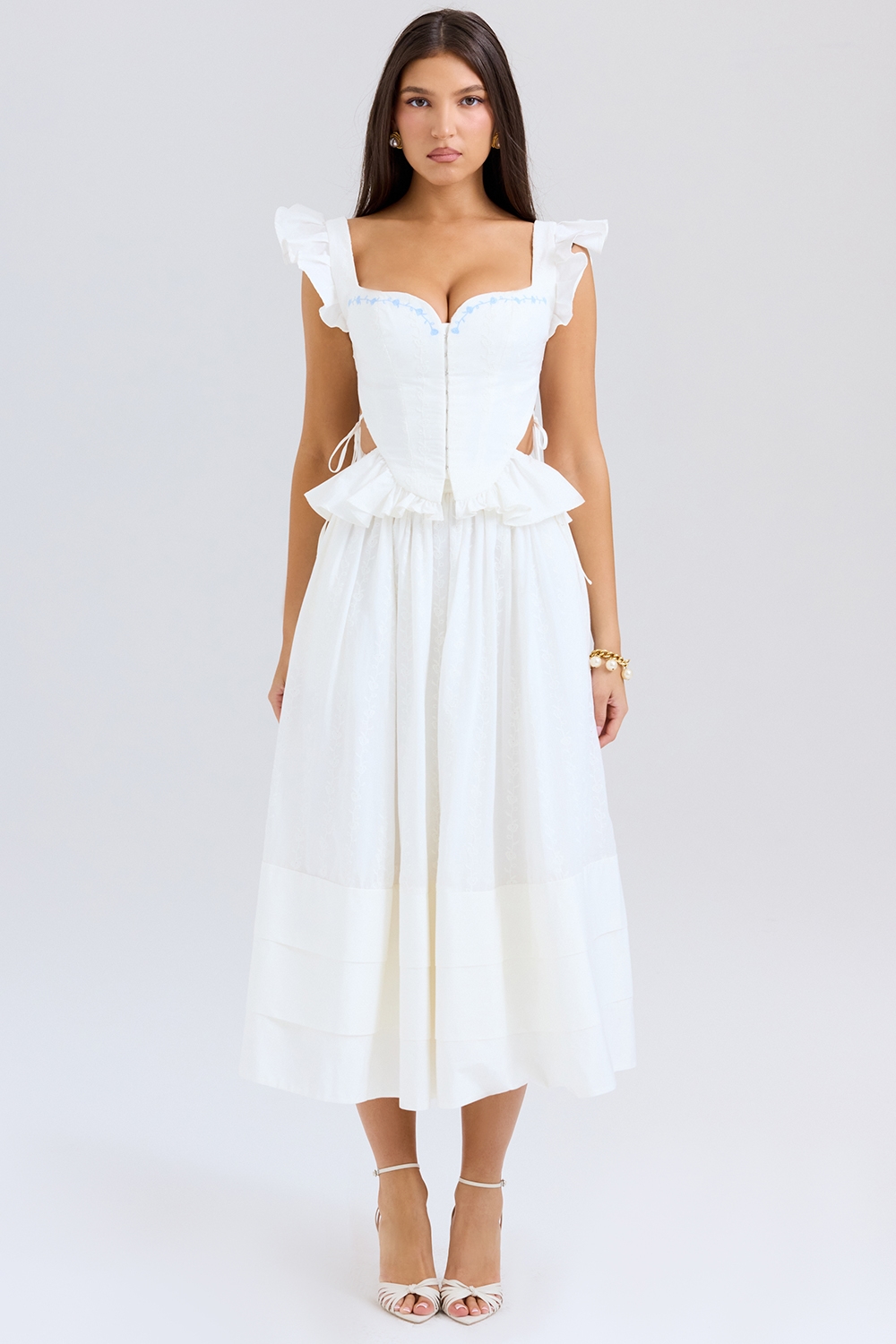 Augustine White Embroidered Cotton Midi Skirt - SALE
