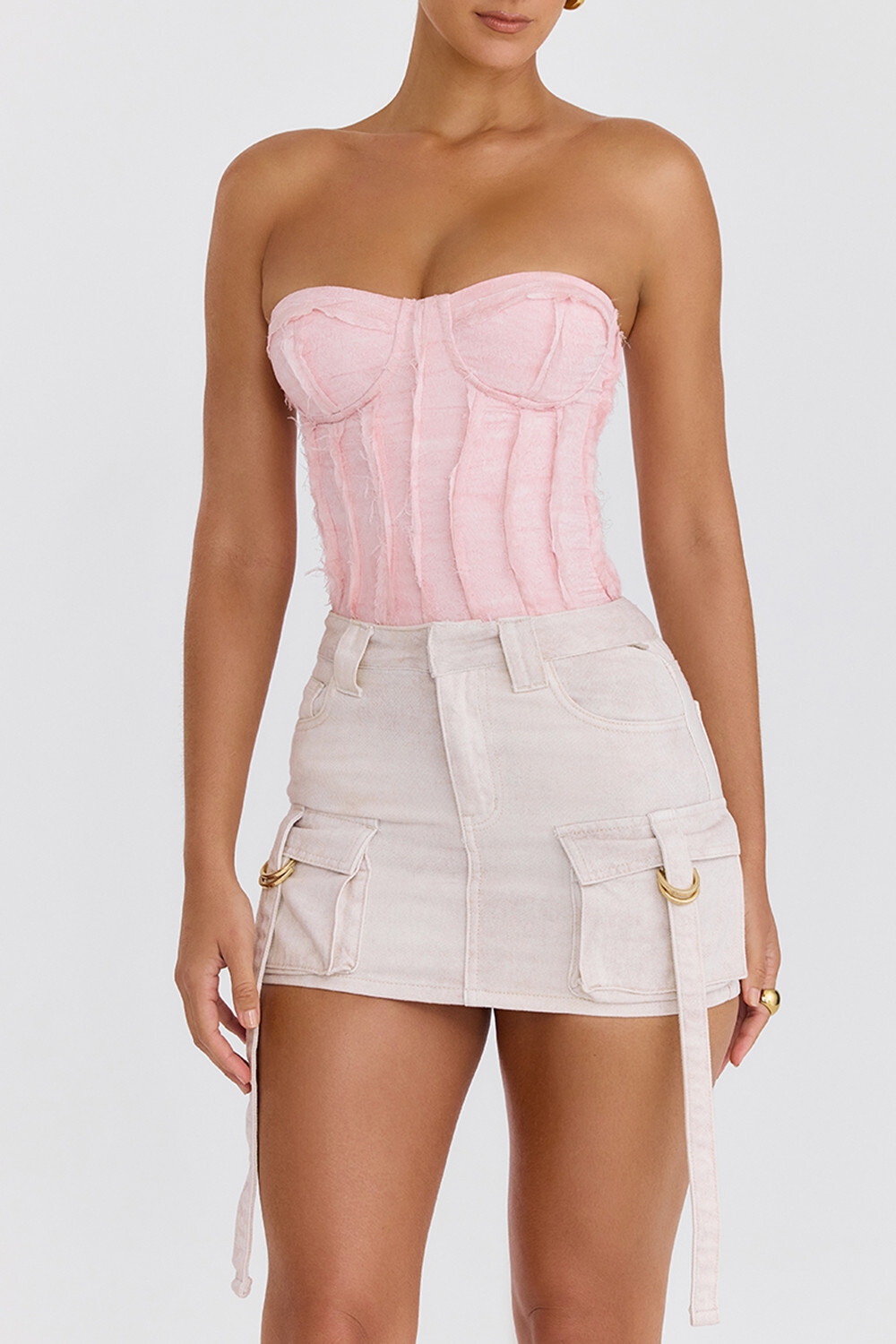 Mistress Rocks White Worn Denim Cargo Mini Skirt