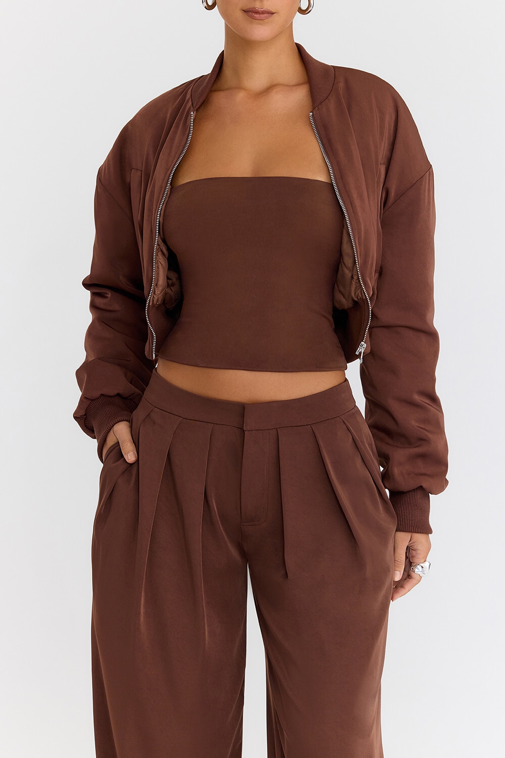 Mistress Rocks Cocoa Cropped Bomber Jacket