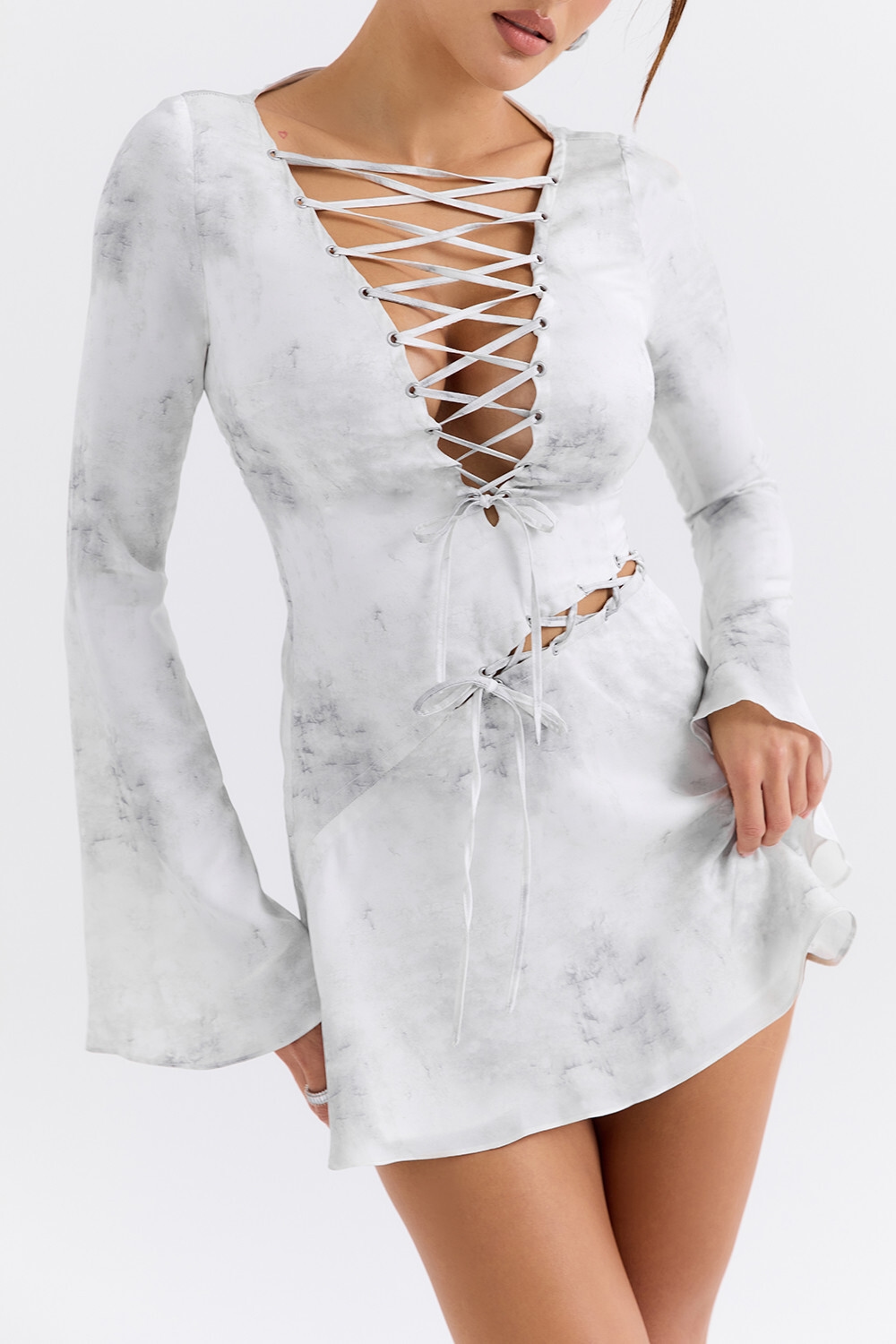Mistress Rocks Marble Satin Lace Up Mini Dress
