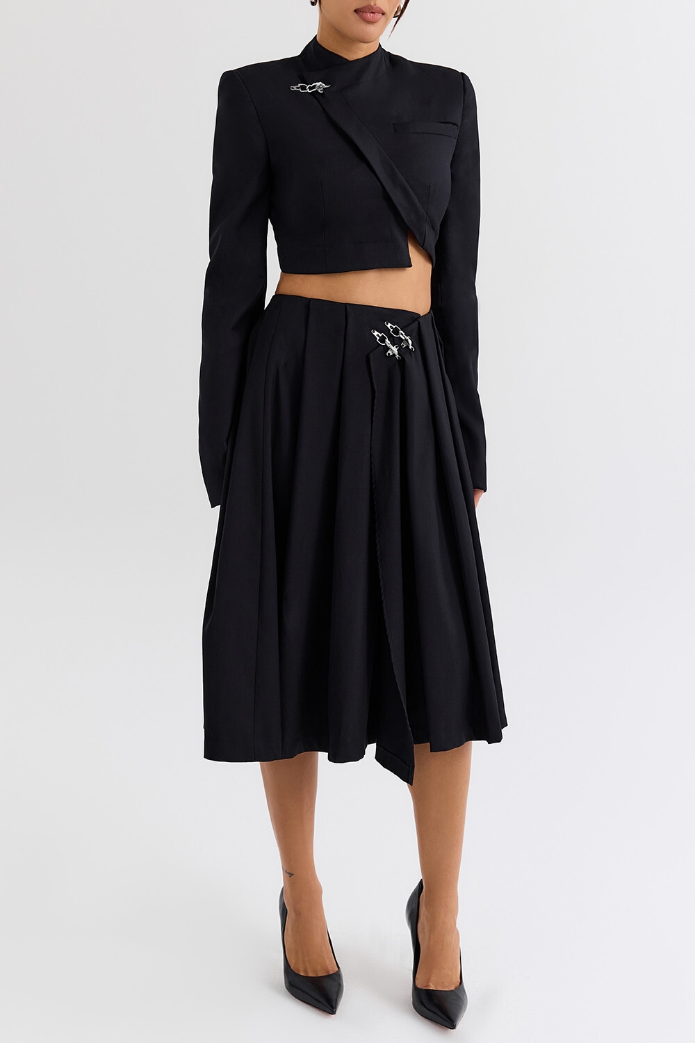 Mistress Rocks Black Pleated Wrap Front Midi Skirt