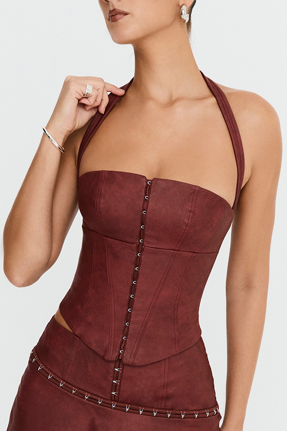 Mistress Rocks Cherry Vegan Leather Halter Corset Top