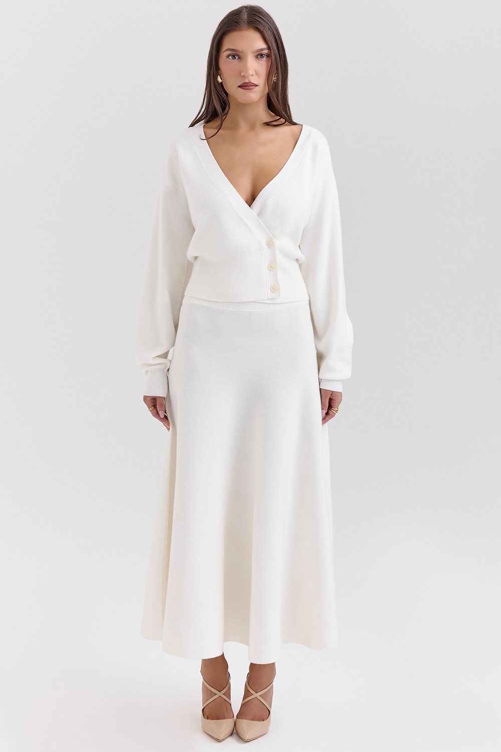 Solara Ivory Wool Mix Flared Midi Skirt - SALE
