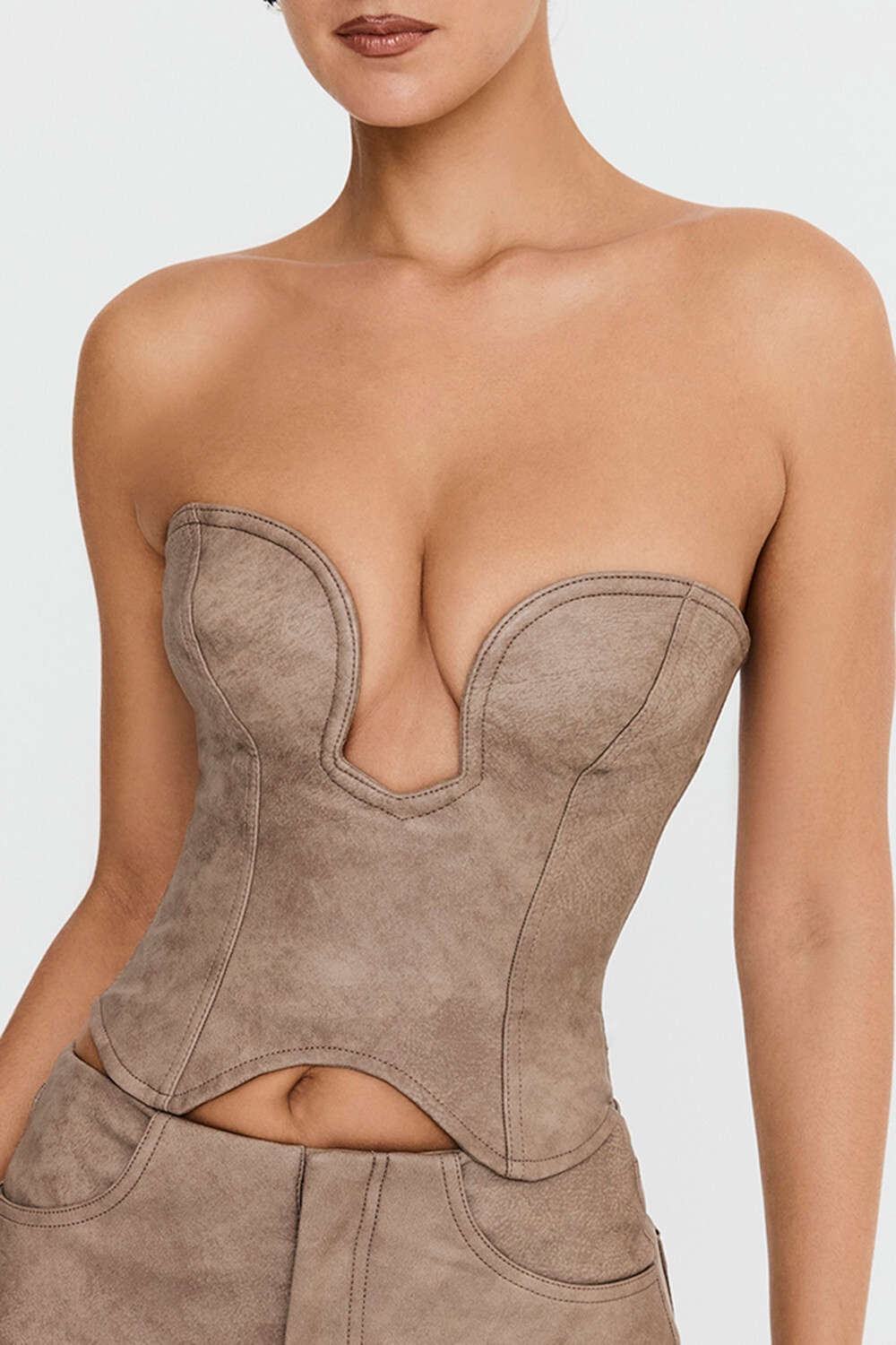Mistress Rocks Mocha Vegan leather Strapless Corset