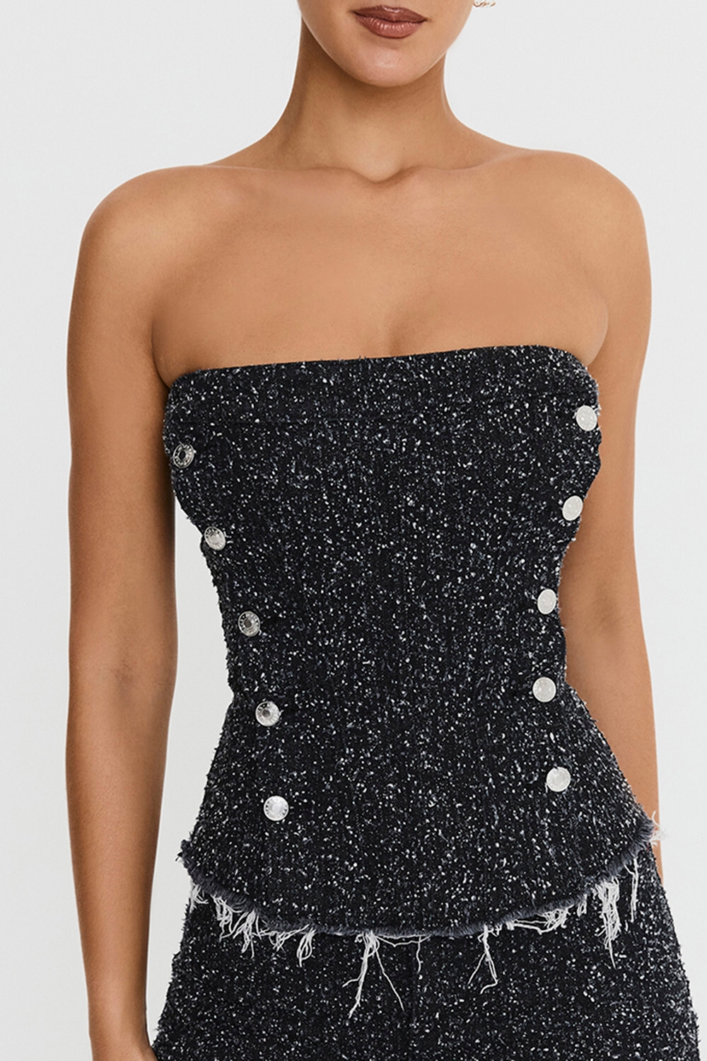 Mistress Rocks Distressed Black Denim Strapless Top