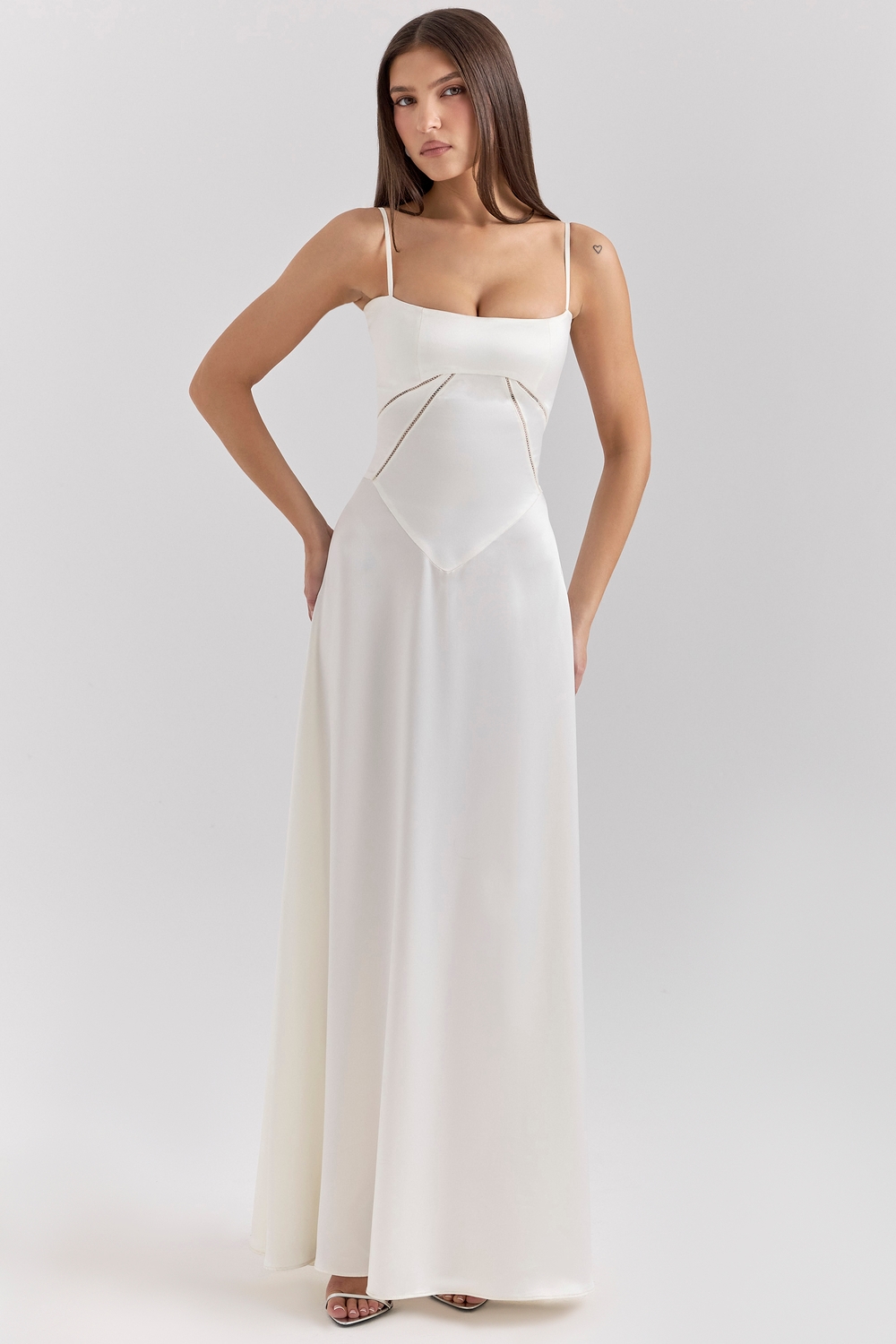 Anabella Ivory Satin Lace Up Maxi Dress - Sale