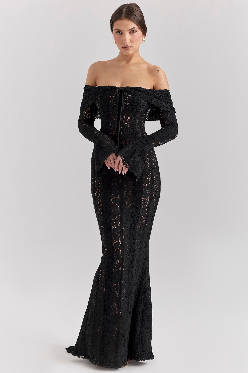 Belle Black Off Shoulder Floral Lace Maxi Dress - Sale