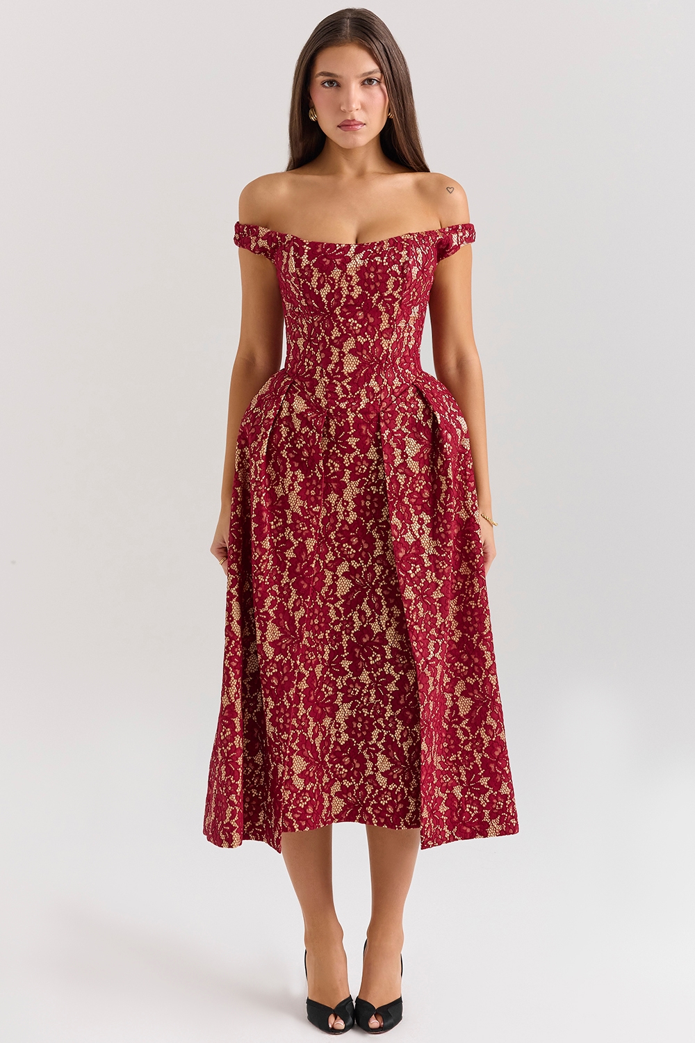 Charming Gold and Berry Lace Midi Off Shoulder Dress - SALE