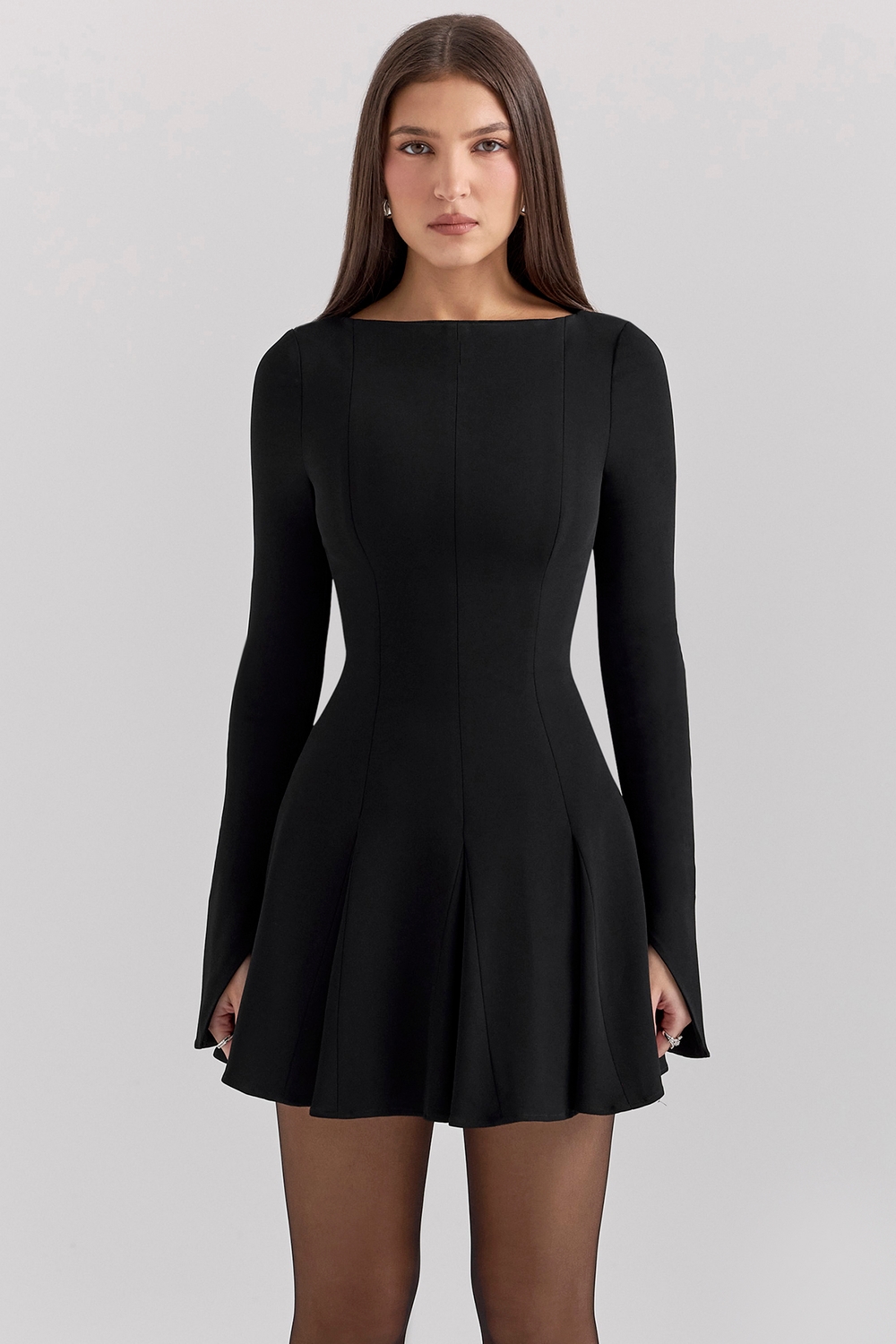 Francesca Black Stretch Crepe Godet Mini Dress