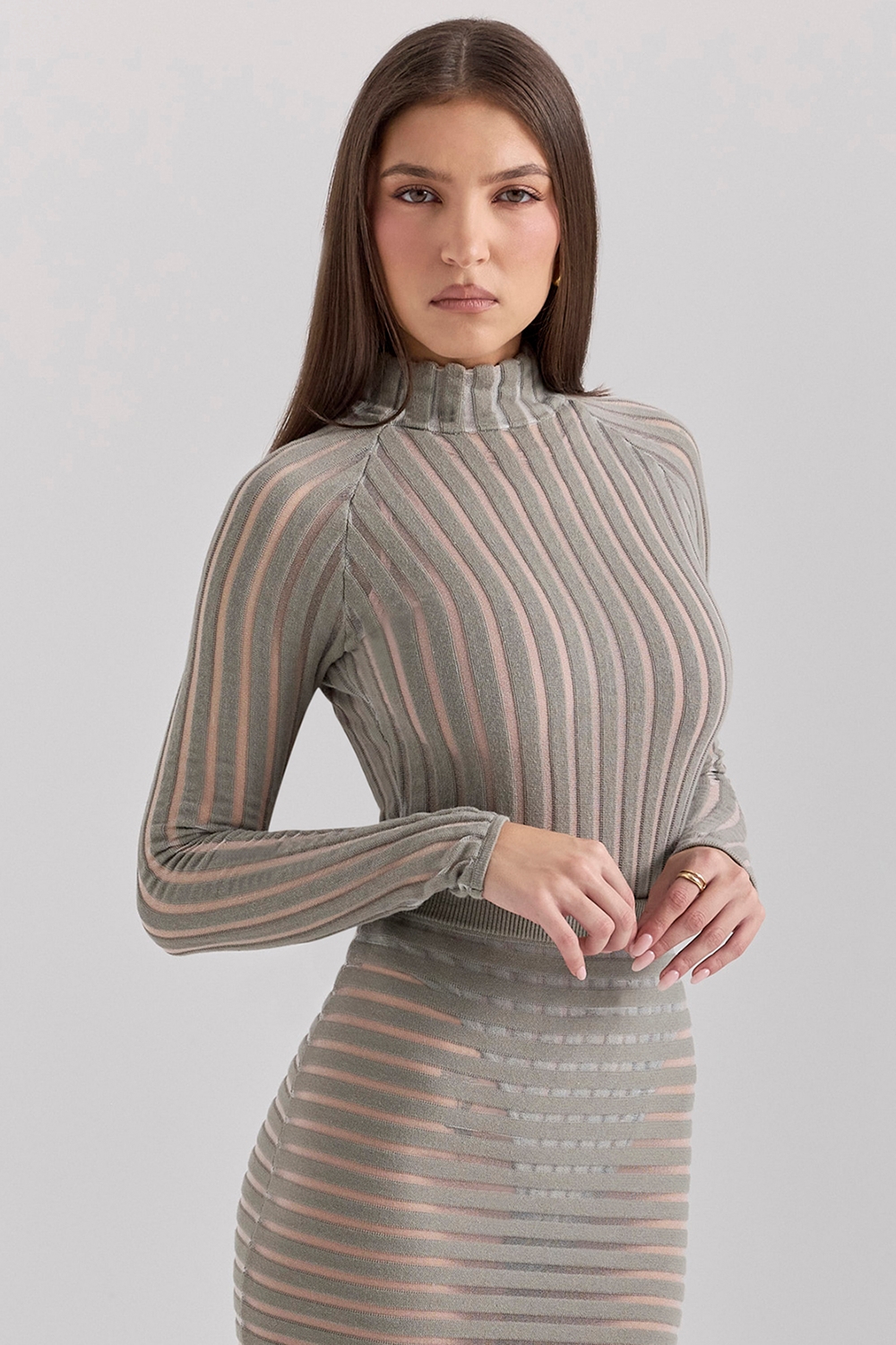 Rowena Grey Velour Sheer Striped Bodysuit - SALE