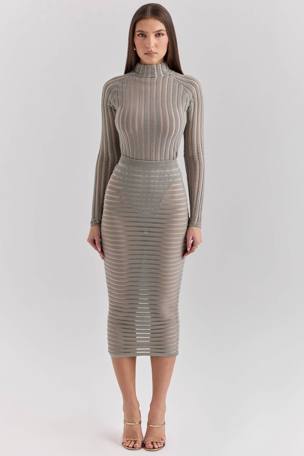 Margo Grey Velour Sheer Striped Midi Skirt - SALE