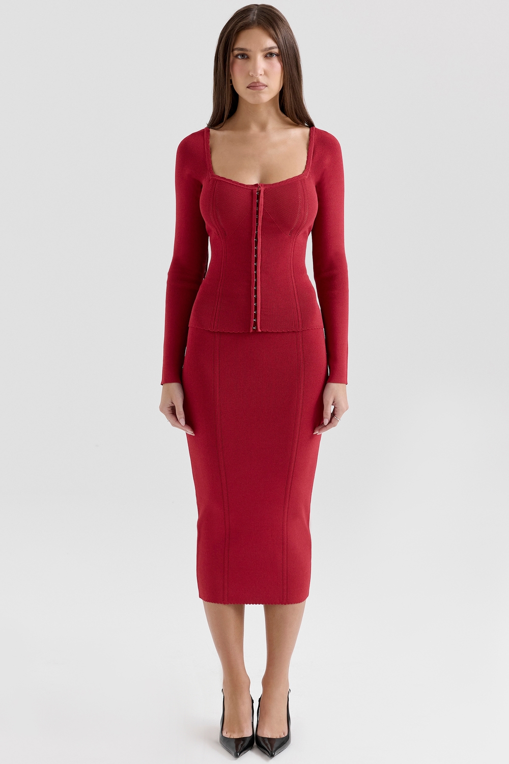 Eliane Red Bodycon Knitted Midi Skirt - SALE