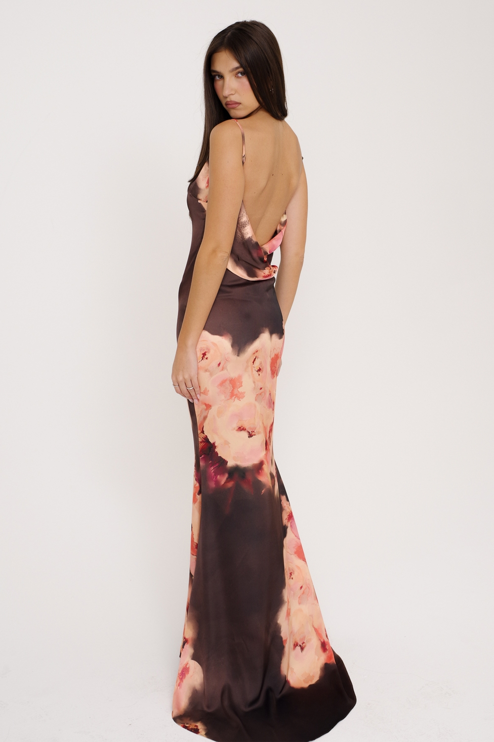 Mariamma Dark Brown Floral Printed Satin Maxi Dress - SALE