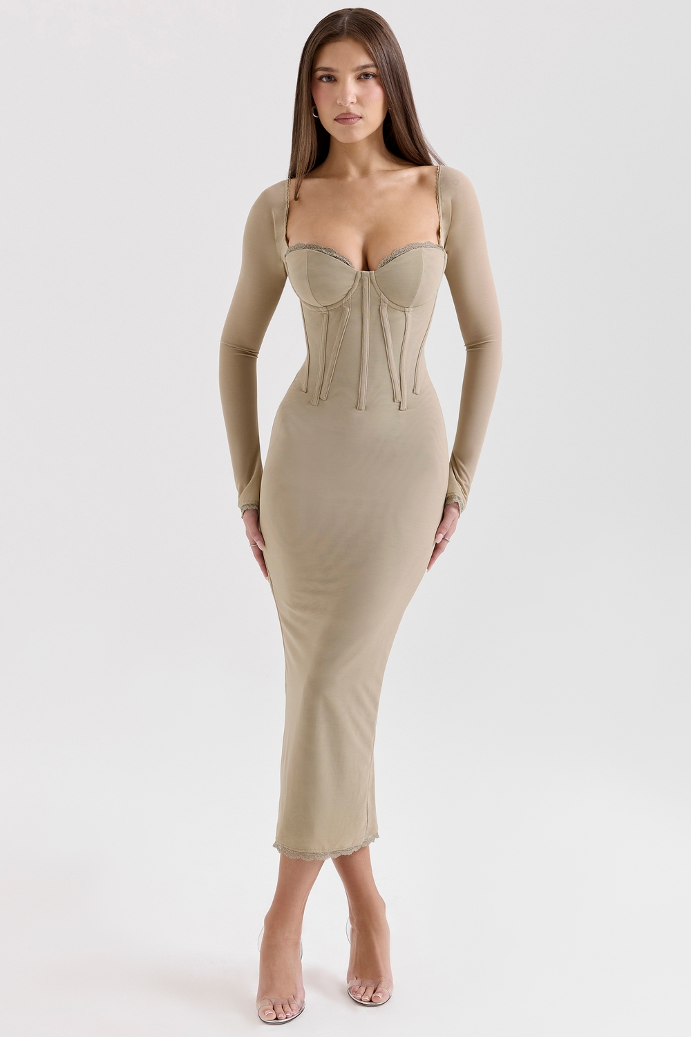Saisha Beige Mesh Long Sleeve Bodycon Midi Dress - SALE