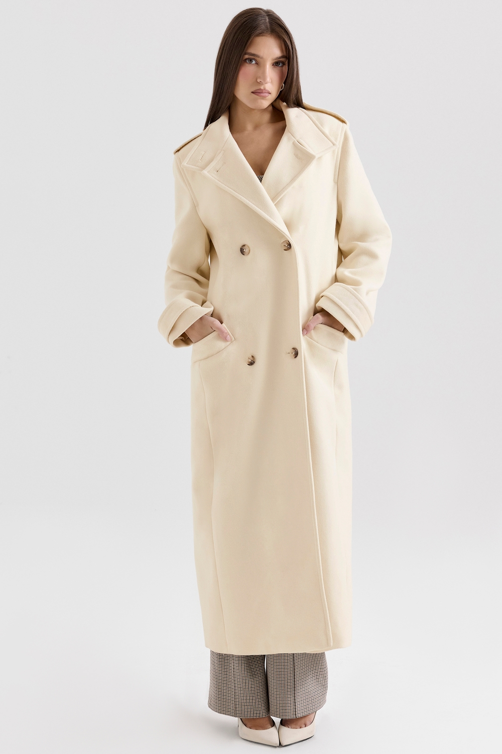 Sander Cream Double Breasted Funnel Neck Coat