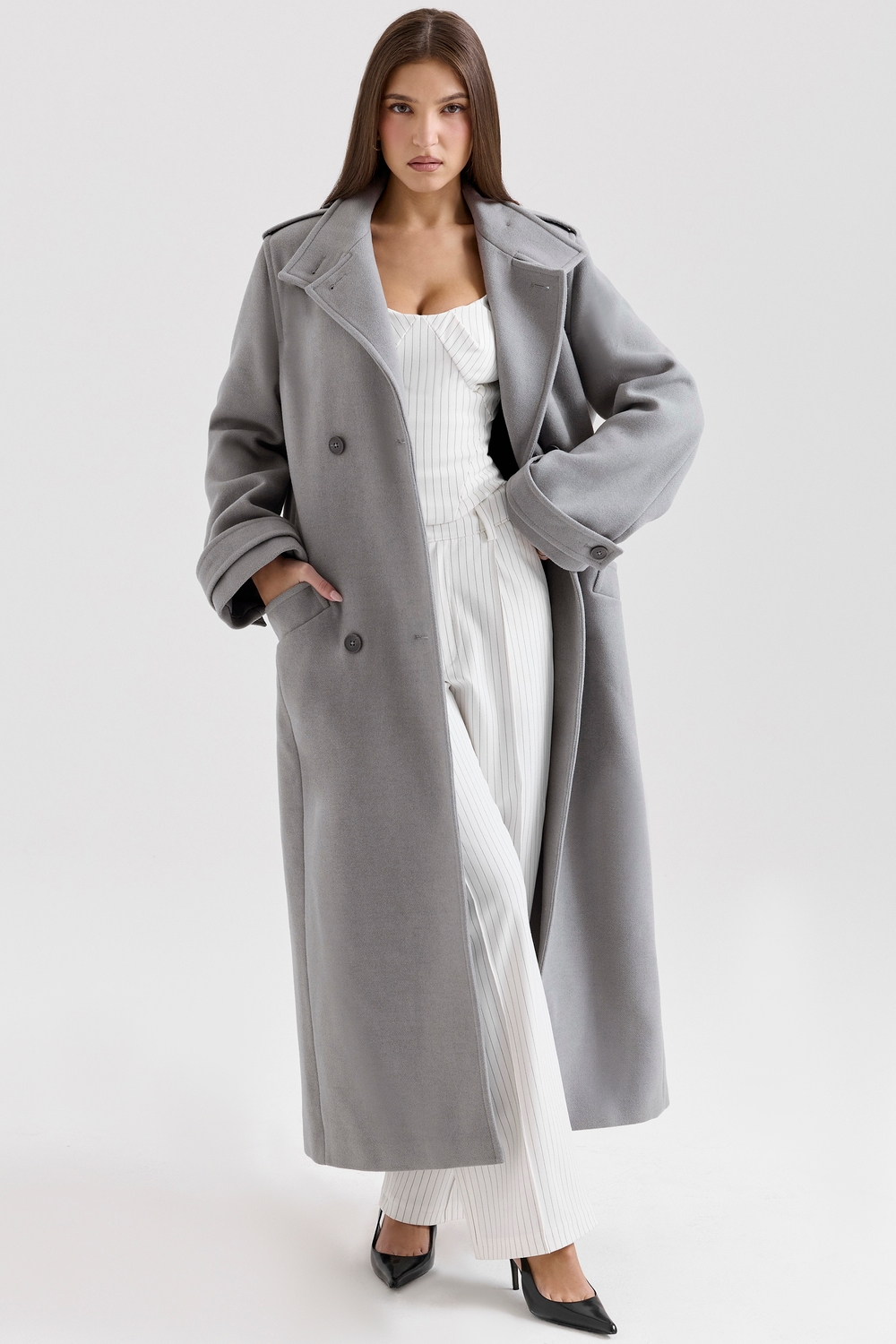 Sander Grey Double Breasted Funnel Neck Coat