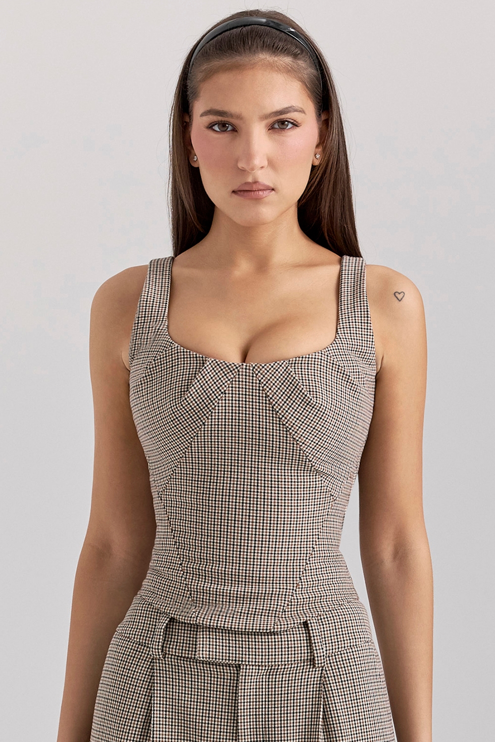 Selma Brown Puppytooth Boned Corset Top - SALE