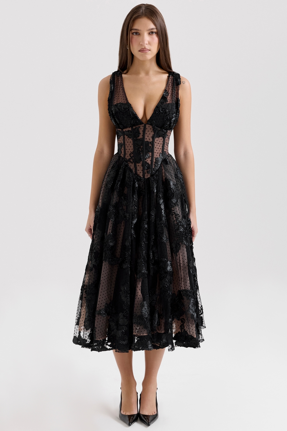 Sianna Black Embroidered Tulle Corset Midi Dress - SALE