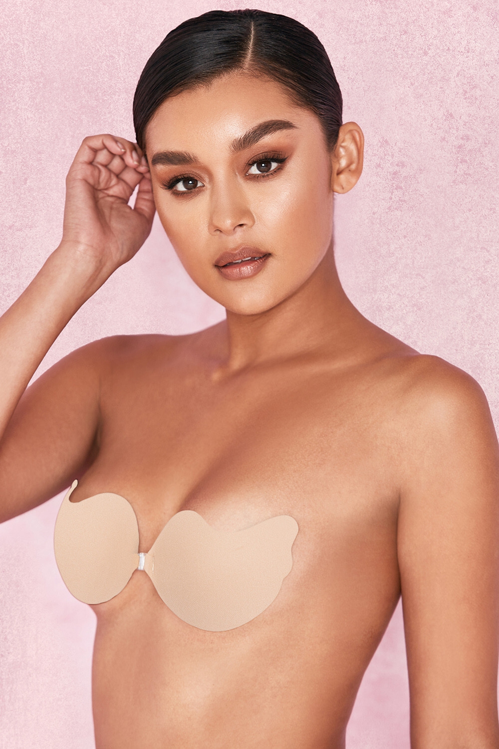V Front Fastening Moulded Microfibre  Bra - Beige