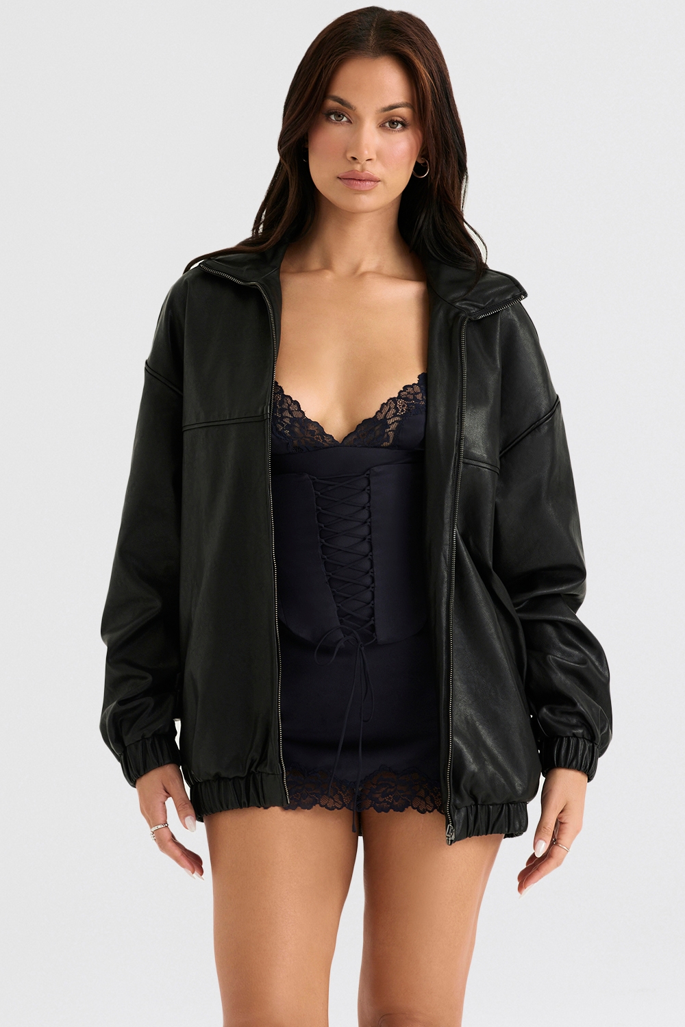 Larissa Black Vegan Leather Oversized Bomber Jacket
