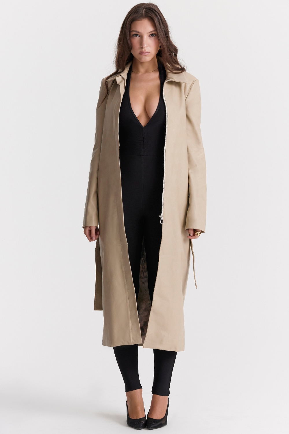 Ariel Beige Vegan Leather Trench Coat - SALE