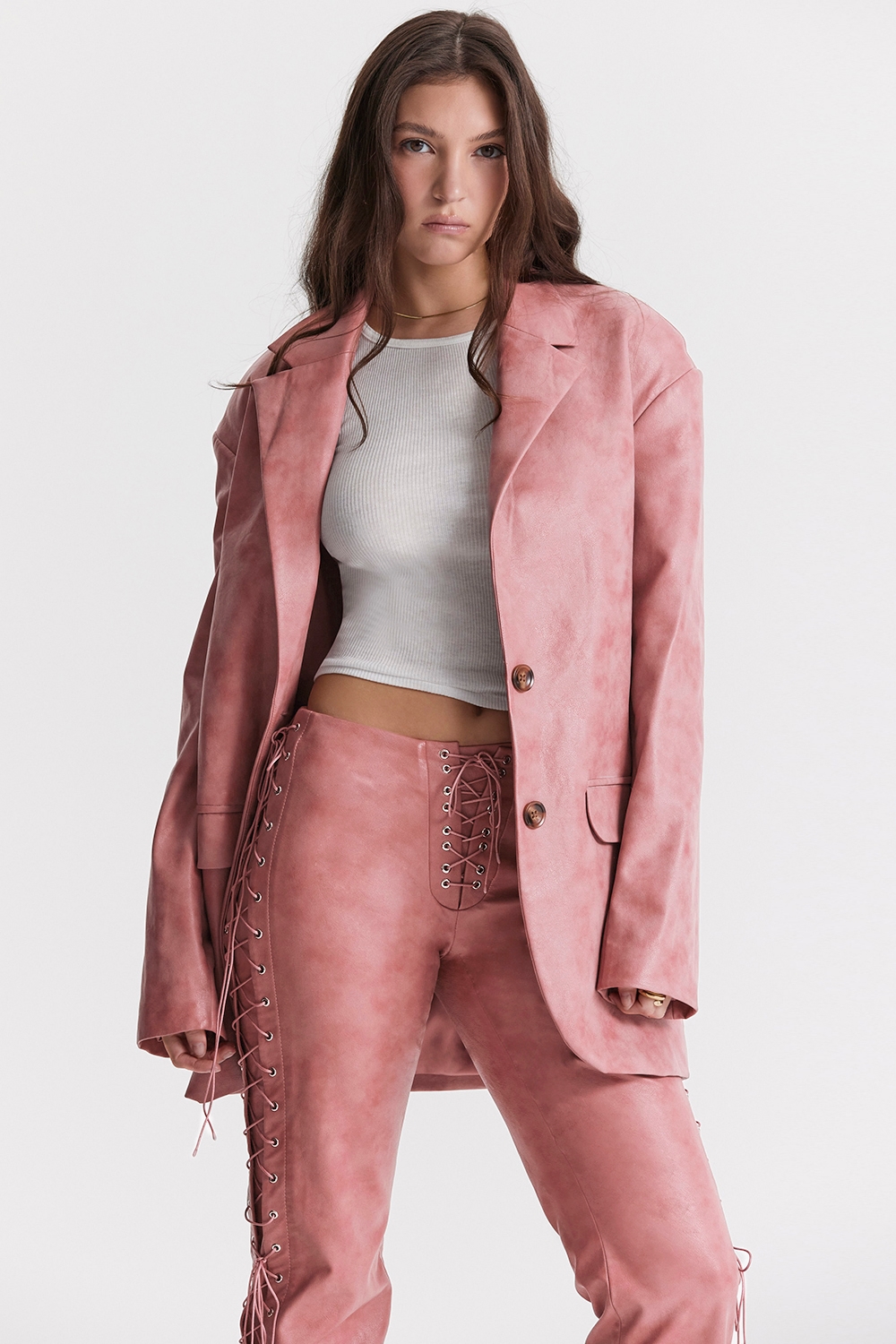 Kiera Warm Pink Vegan Leather Oversized Blazer - SALE