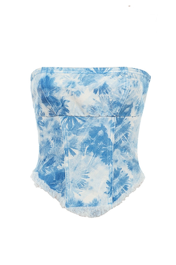 Mistress Rocks Blue Floral Print Strapless Denim Top-10