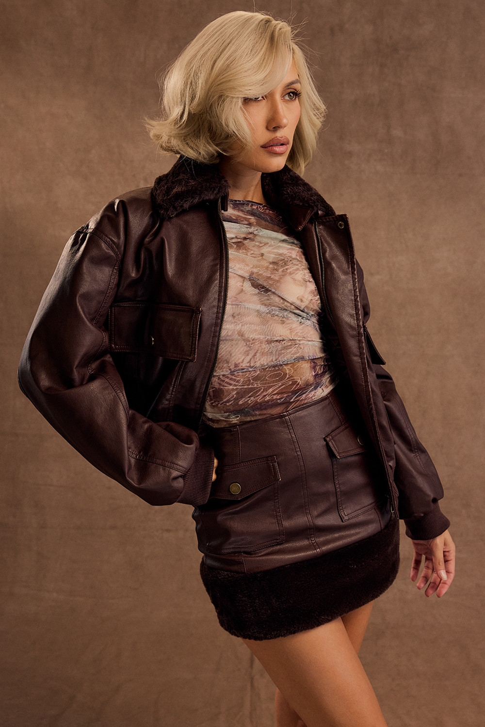 Mistress Rocks Chocolate Faux Fur Trimmed Vegan Leather Jacket-9