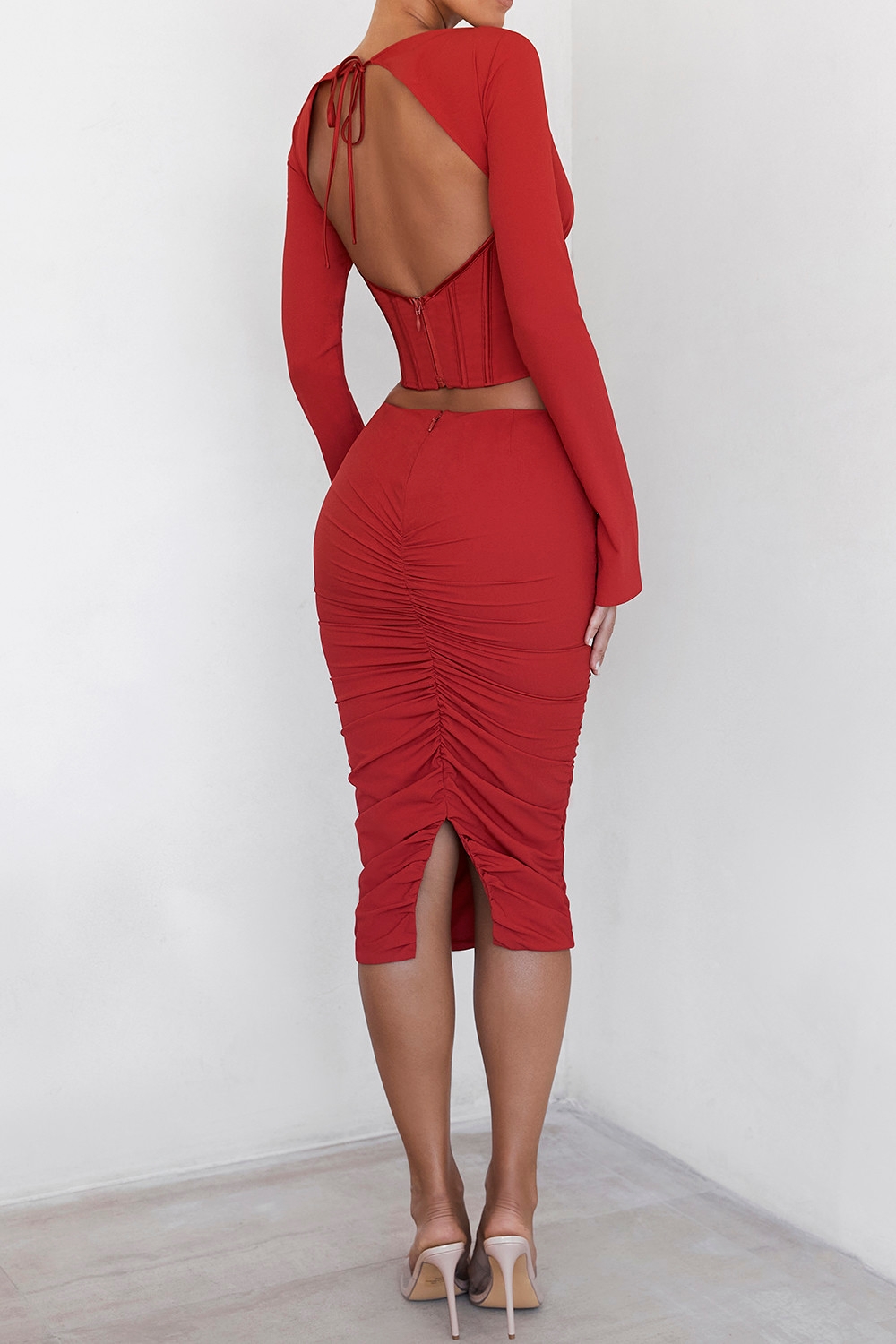 Mistress Rocks Red Gathered Midi Skirt-5